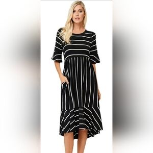 Hailey & Co Dark Gray and White Striped Midi Dress with Pockets
